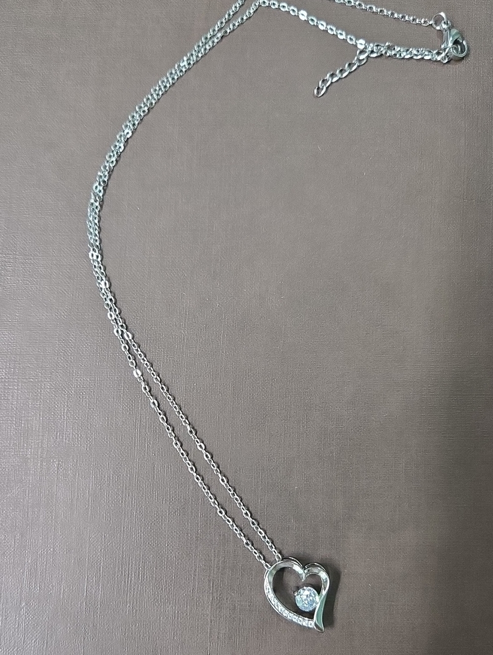 Soulmates Silver-Tone Double Chain Heart Necklace with Clear Stone